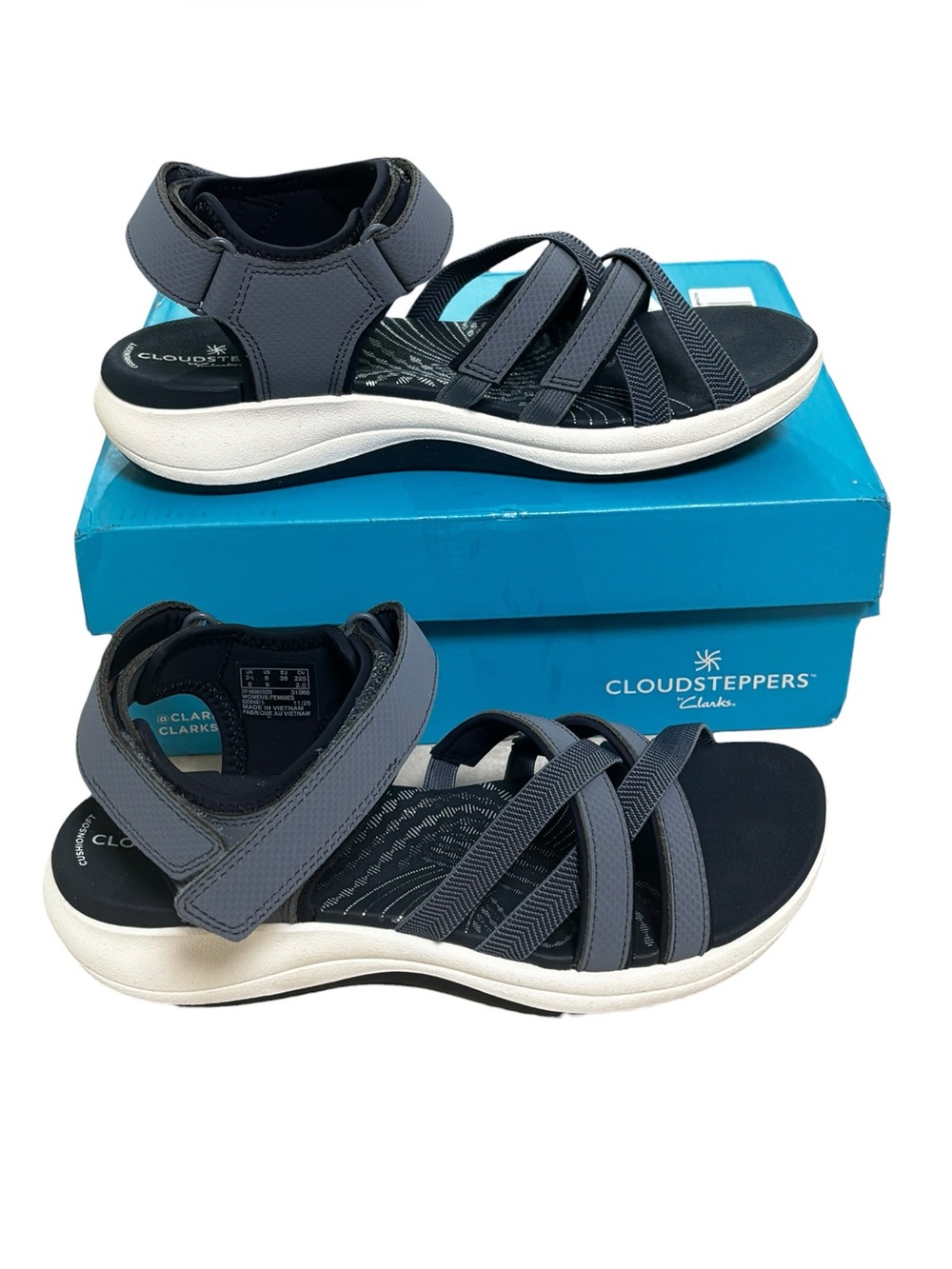 Clarks Mira Shore Shoes Womens 6 Wide Navy Cloudsteppers Strappy Sandals Comfort